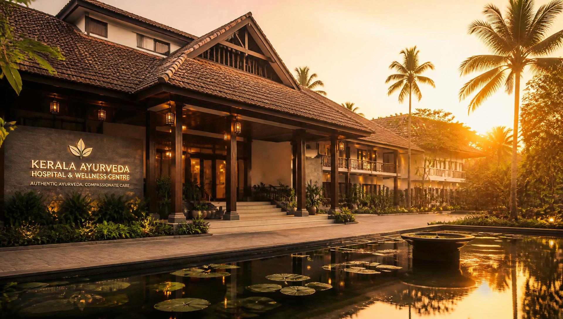 Ayurgramam Hospital exterior in Kerala at sunrise