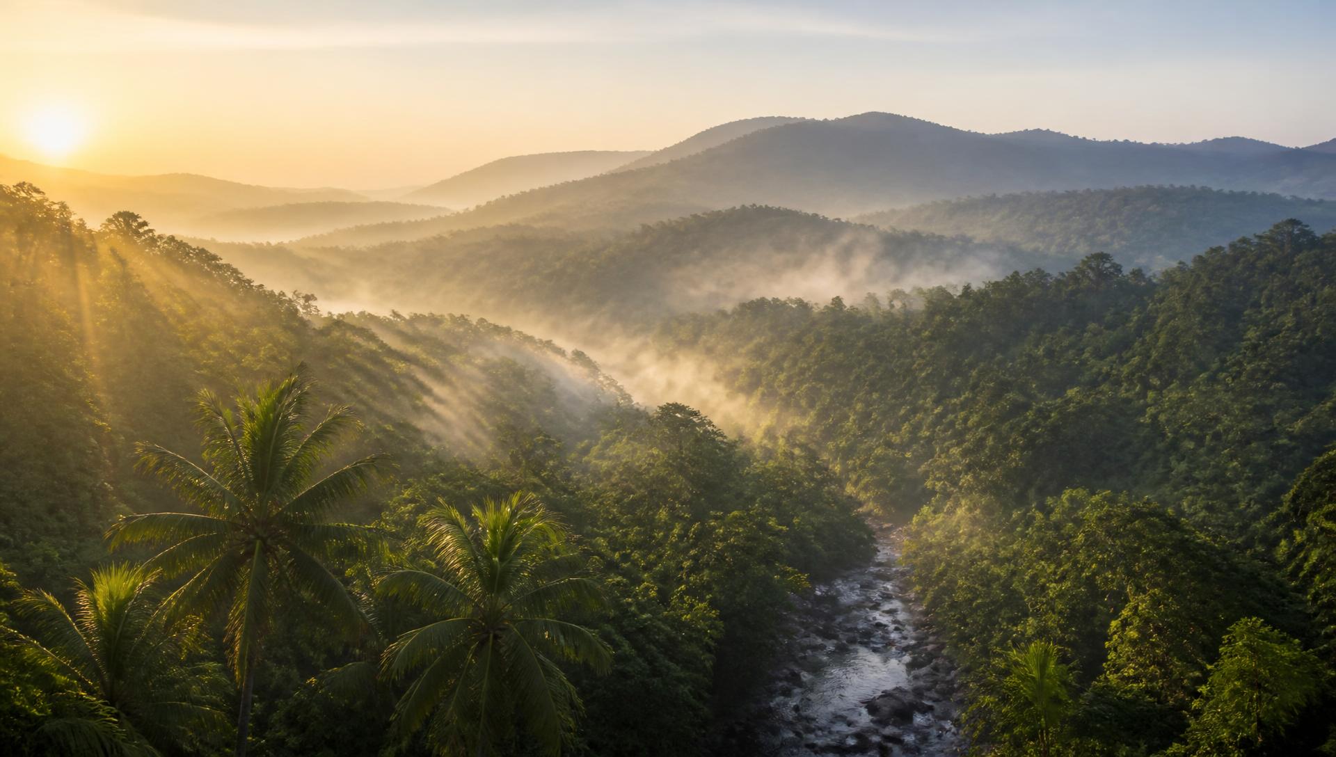 Morning mist over the forested Western Ghats of Kerala