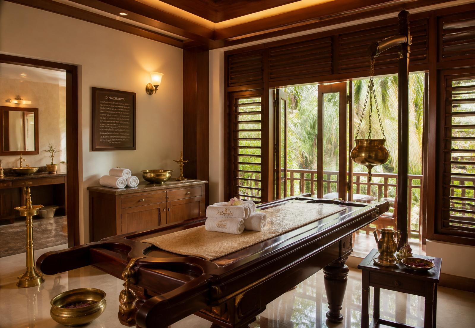 Luxury Panchakarma treatment suite with traditional teak table