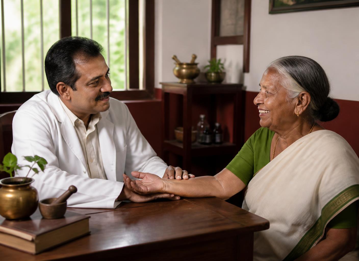 An Ayurvedic physician in conversation with a smiling elderly patient in a consultation room