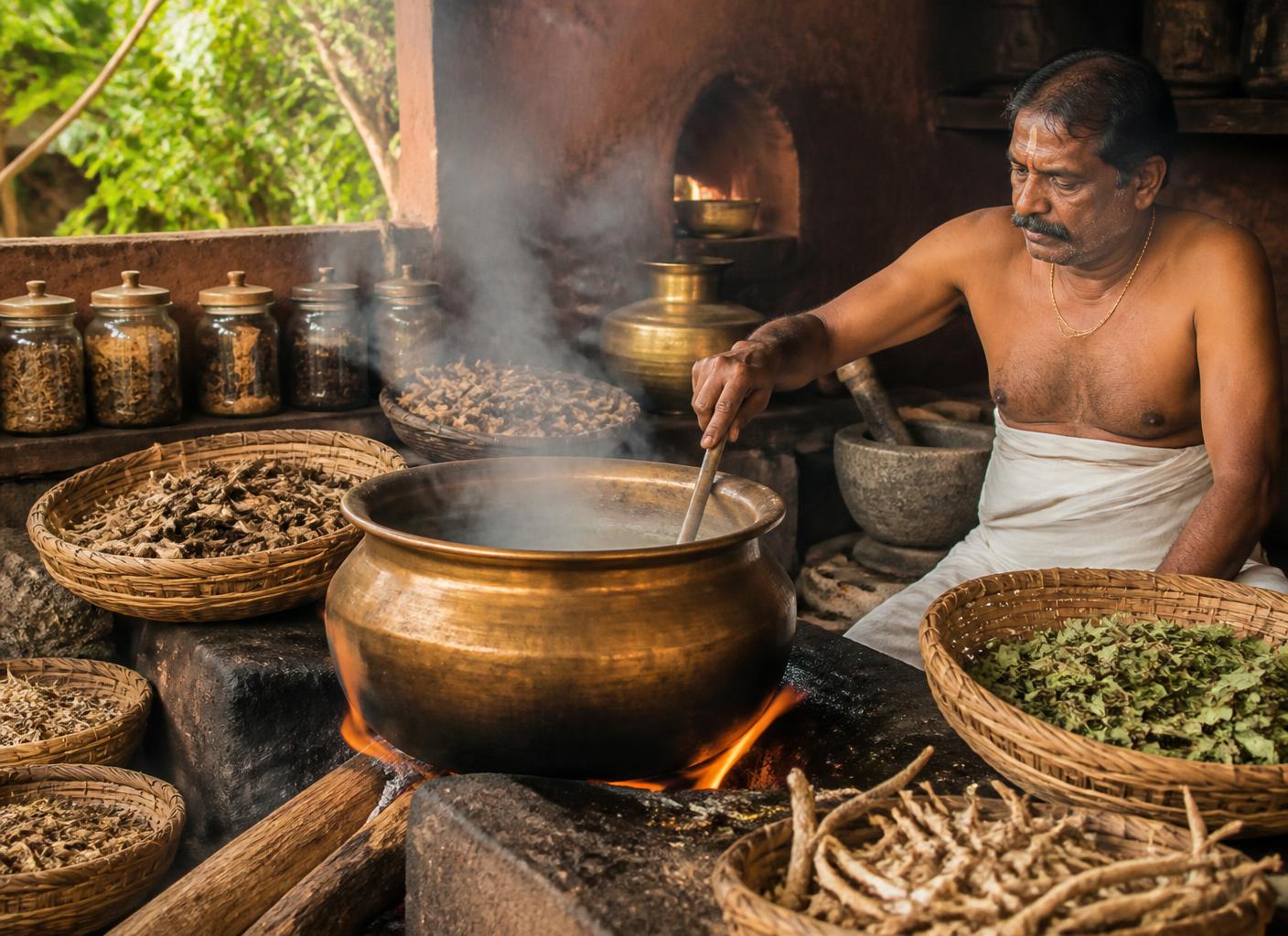 Traditional Kerala Ayurvedic herbal decoction simmering in a brass vessel over a wood fire