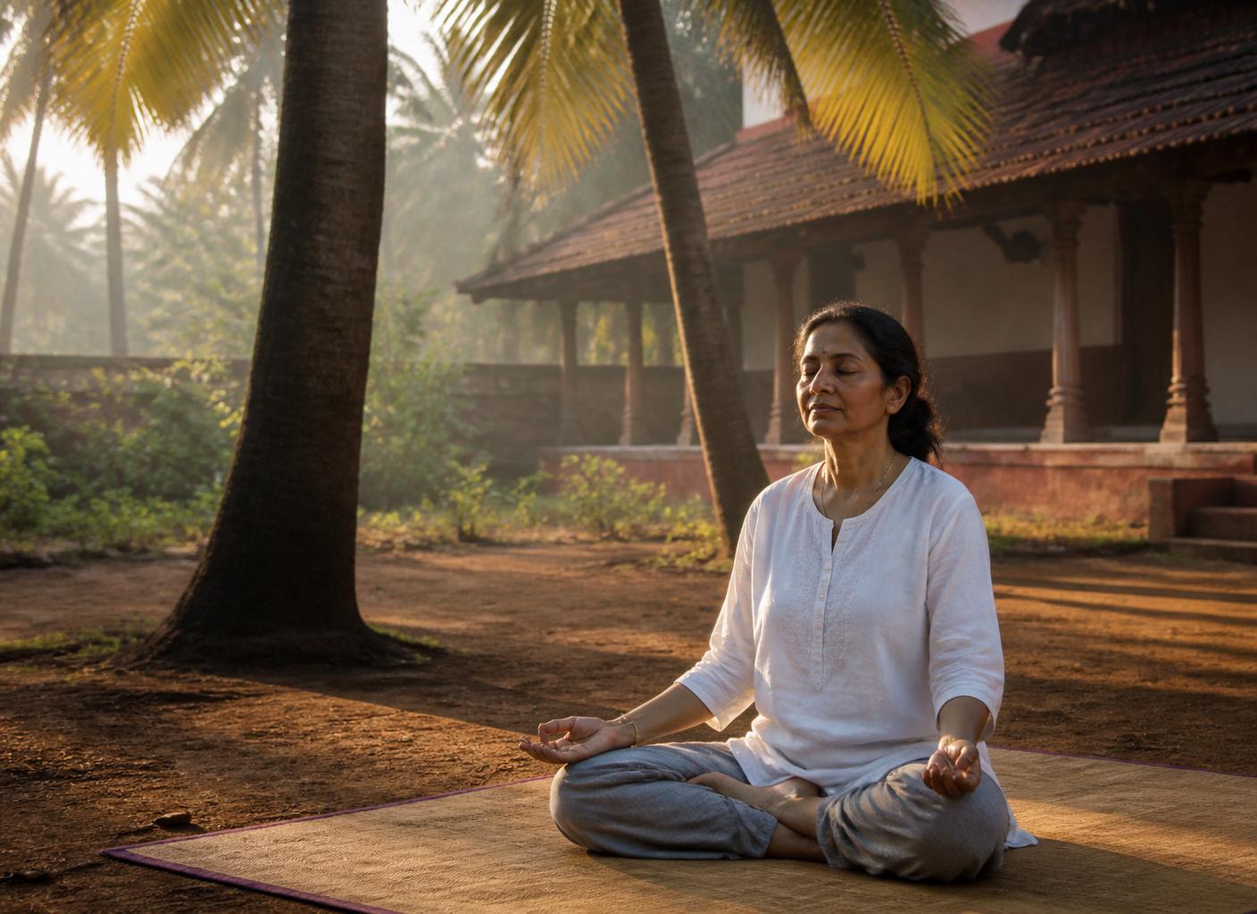 A woman meditating quietly at sunrise in a traditional Kerala courtyard